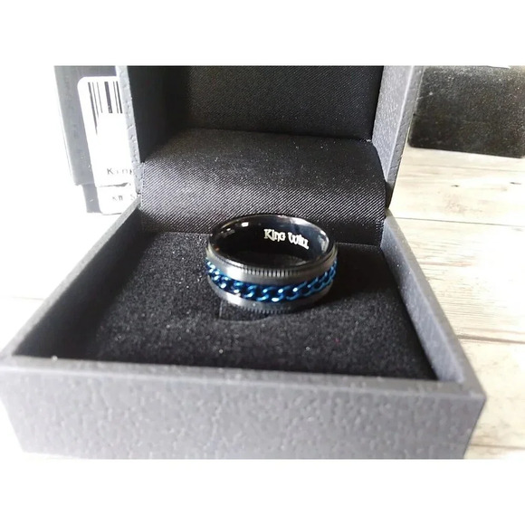 Size 7 Black & Blue Stainless Steel Spinner Ring 8mm NIB - Picture 3 of 5